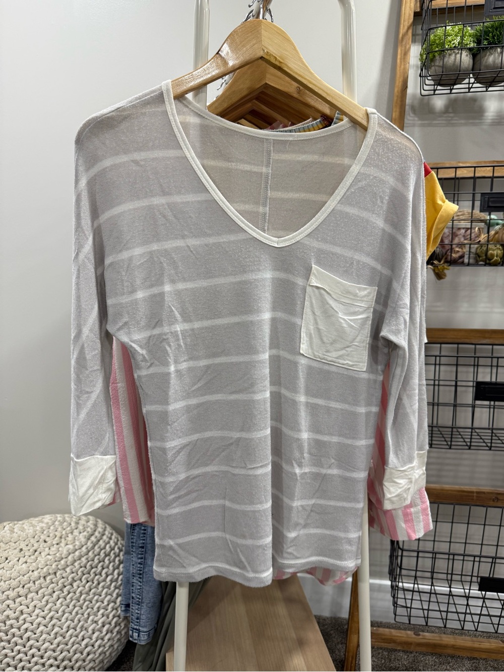Maurices Light Gray & White Striped V-Neck Long Sleeve Top